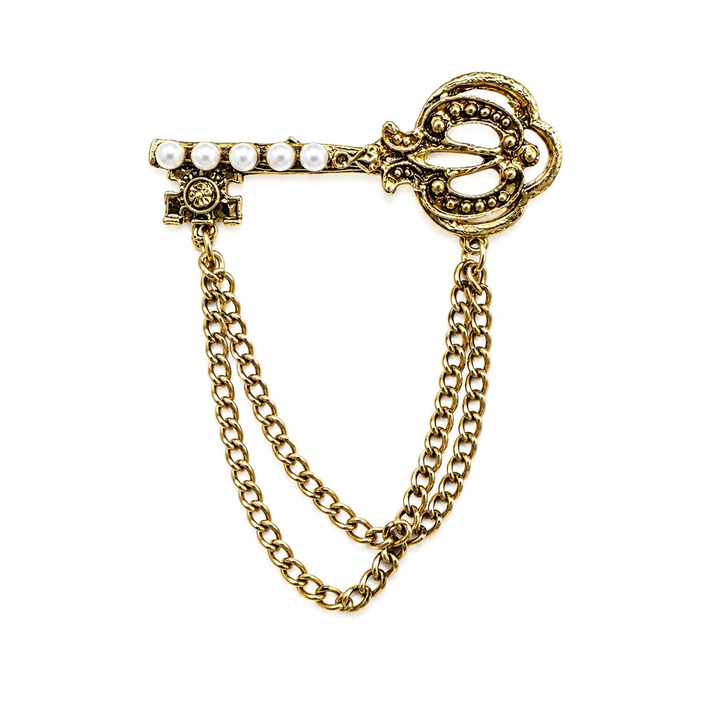 Vintage Gold Tone Skeleton Key Brooch Faux Pearl Double Chain Sweater Pin